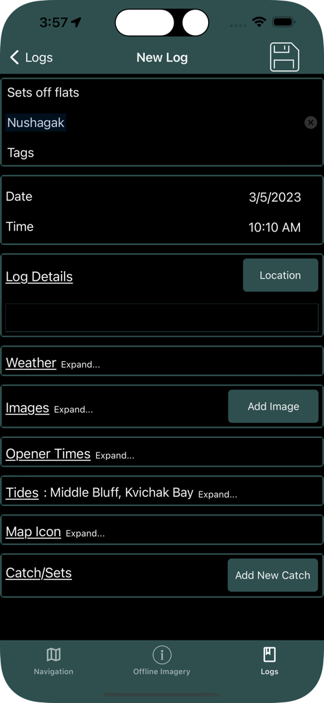 Bristol Maps - Interface of the Bristol Maps app showing a new log entry screen for recording fishing data such as location tides and catch details