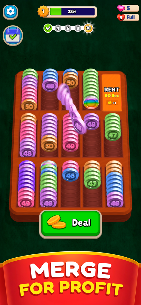 A screenshot of the Pocket Sort game showing colorful coins being sorted and merged on a wooden tray