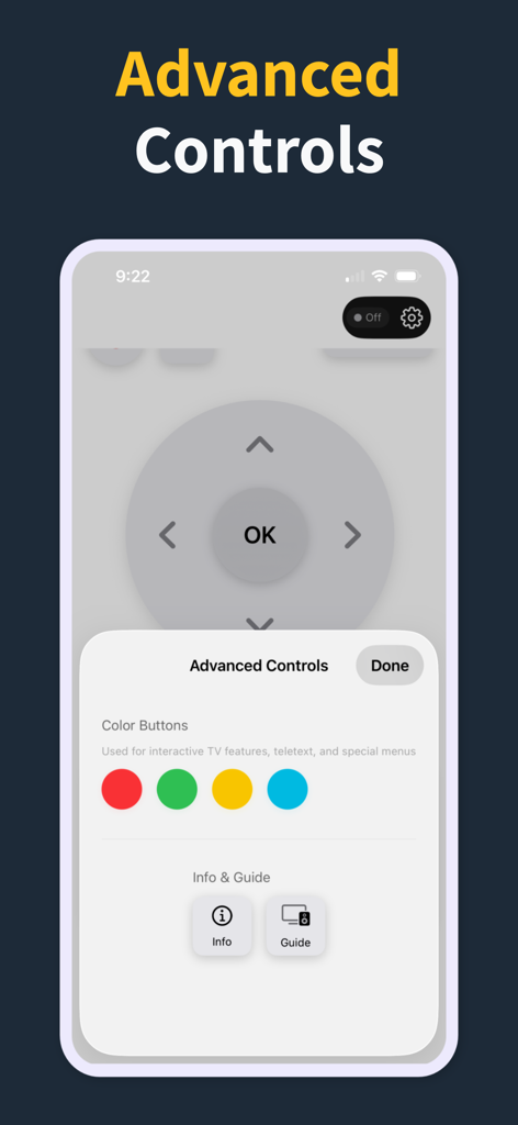 Remote Control for TV Pro - Menú de control avanzado en la aplicación Control Remoto para TV Pro con botones de color y opciones de guía de programas