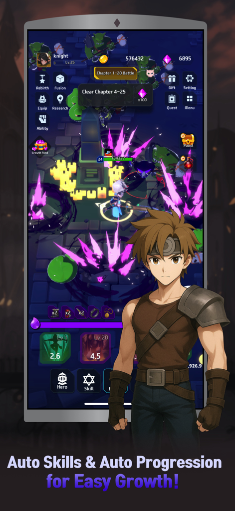 Arcane Knight : Idle RPG - Jugabilidad de Arcane Knight idle RPG con habilidades automáticas y progresión de batalla