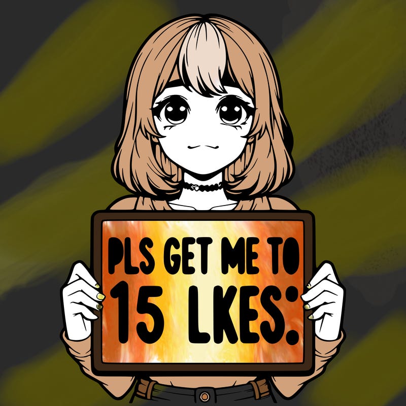 realistic girl holding up a sign that says “pls get me to 15 likes!”