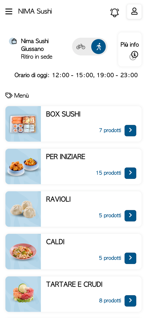 Nima Sushi - Interfaz de la aplicación móvil Nima Sushi que muestra categorías de menú para cajas de sushi, dumplings y tartare con opciones de recogida.