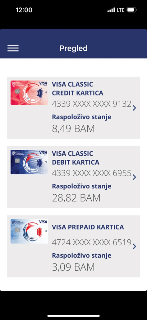 mBank BPS app card overview screen showing Visa credit debit and prepaid accounts with balances