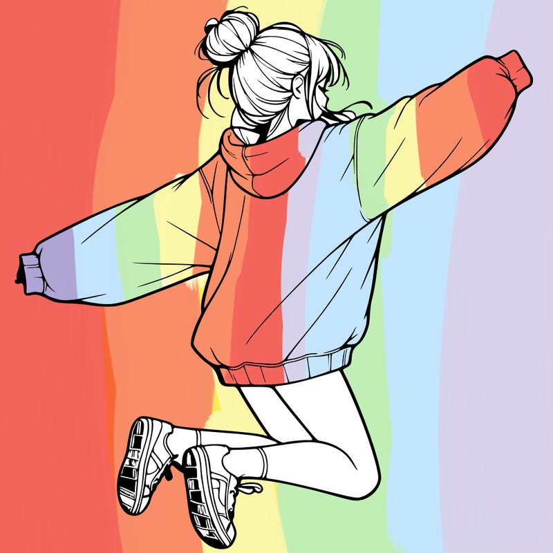 realistic girl jumping with a bun and oversized sweatshirt