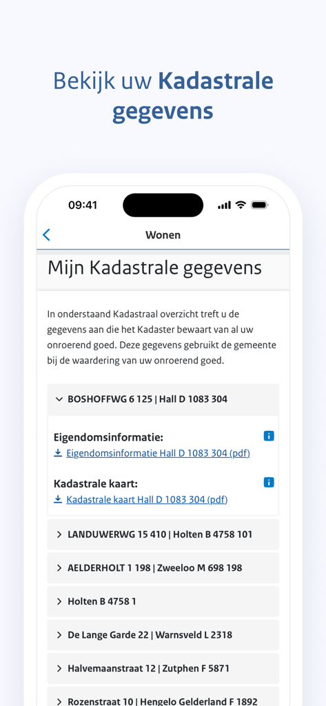 MijnGegevens - Captura de pantalla de la aplicación MijnGegevens mostrando datos catastrales holandeses e información inmobiliaria.