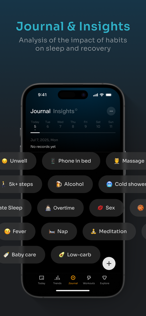 Écran de journal PeakWatch affichant diverses étiquettes de suivi d'habitudes pour l'analyse de la santé