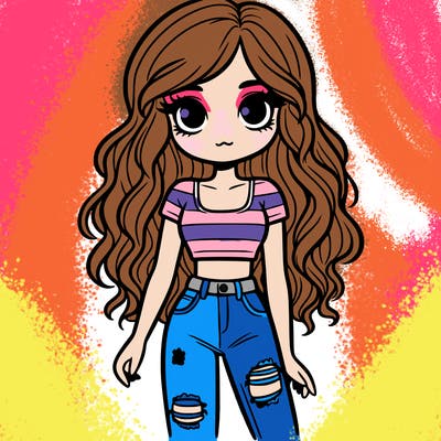 a girl with long wavy hair and has a crop top and ripped jeans on