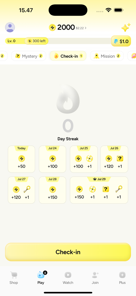 Blidz - Shop Deals, Earn Money - Screenshot des täglichen Check-in-Bildschirms der Blidz-App mit Punktebelohnungen und Fortschrittsbalken