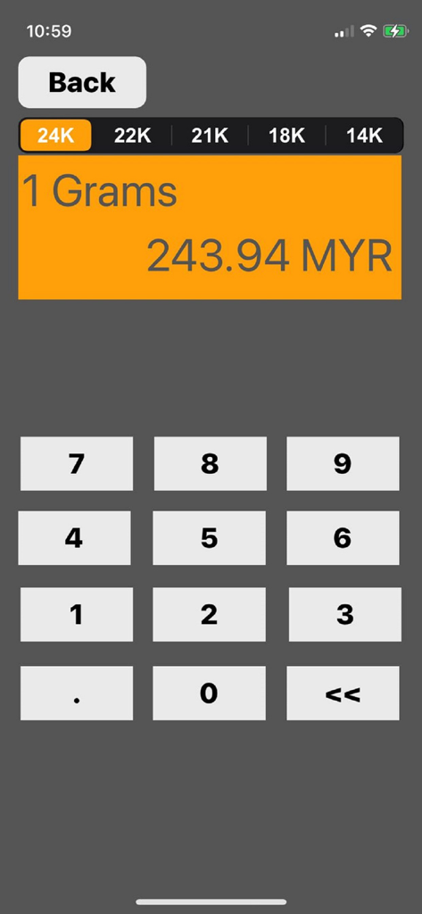 Malaysia gold price calculator interface showing 24K gold rate per gram in MYR
