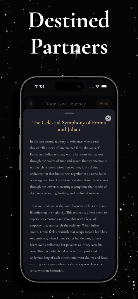 Fated Amora: Soulmate Drawing - Ein Smartphone, das die Fated Amora App mit einer romantischen Seelenverwandten-Geschichte mit dem Titel „Destined Partners“ vor einem sternenklaren Hintergrund zeigt.