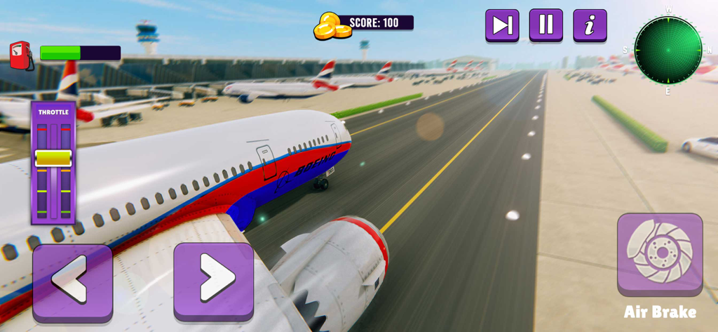Airline Flight Pilot Simulator - A commercial airplane taxiing on an airport runway with mobile flight simulator game controls visible.