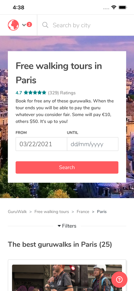 Interfaccia dell'app GuruWalk che mostra i risultati della ricerca di free walking tour a Parigi