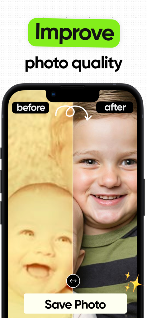 Restore Old Photos: Restorio - Ein Smartphone-Bildschirm, der die Restorio-App mit einem Vorher-Nachher-Vergleich eines restaurierten alten Kinderfotos zeigt.