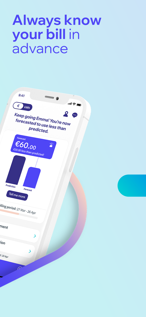 Yuno Energy - Yuno Energy app screen showing personalized electricity bill forecast and usage prediction