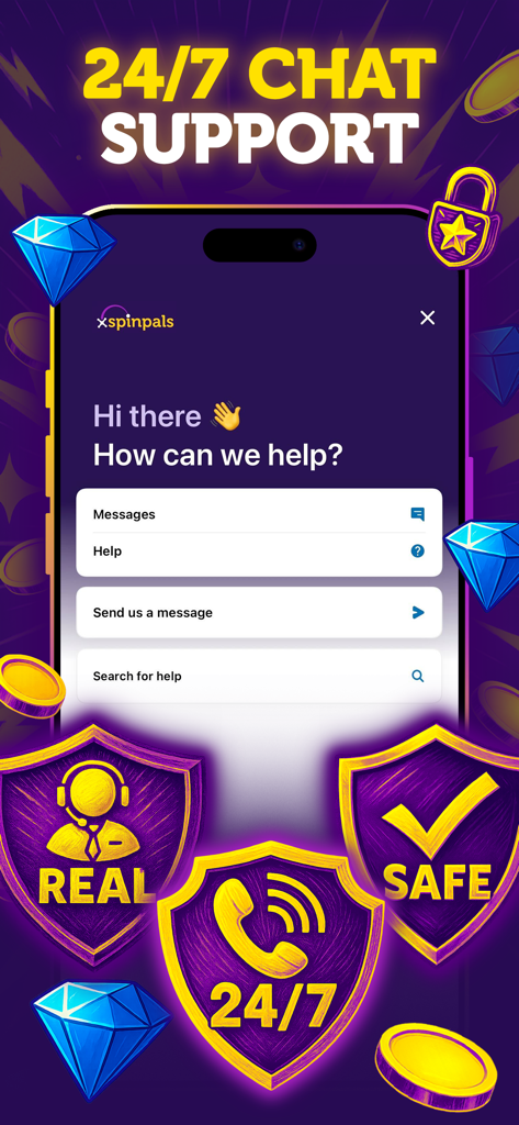 SpinPals Slots mobile app screen showing 24/7 chat support and safety trust badges.