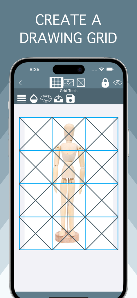 Tracing Buddy: Drawing Grid - A blue drawing grid overlaid on a wooden mannequin in the Tracing Buddy app