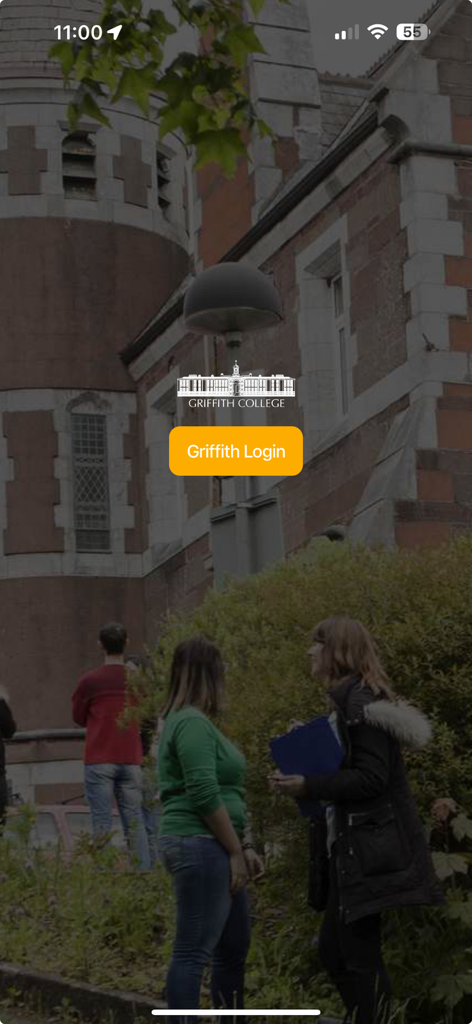 Griffith College - The login screen of the Griffith College mobile app with a campus background and an orange Griffith Login button.