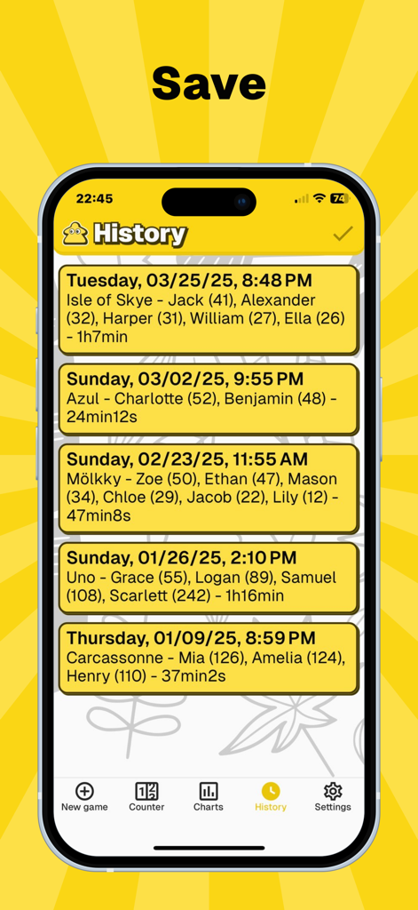 MyScoreTracker – Score Counter - Score history screen showing a log of past game sessions with player rankings and durations