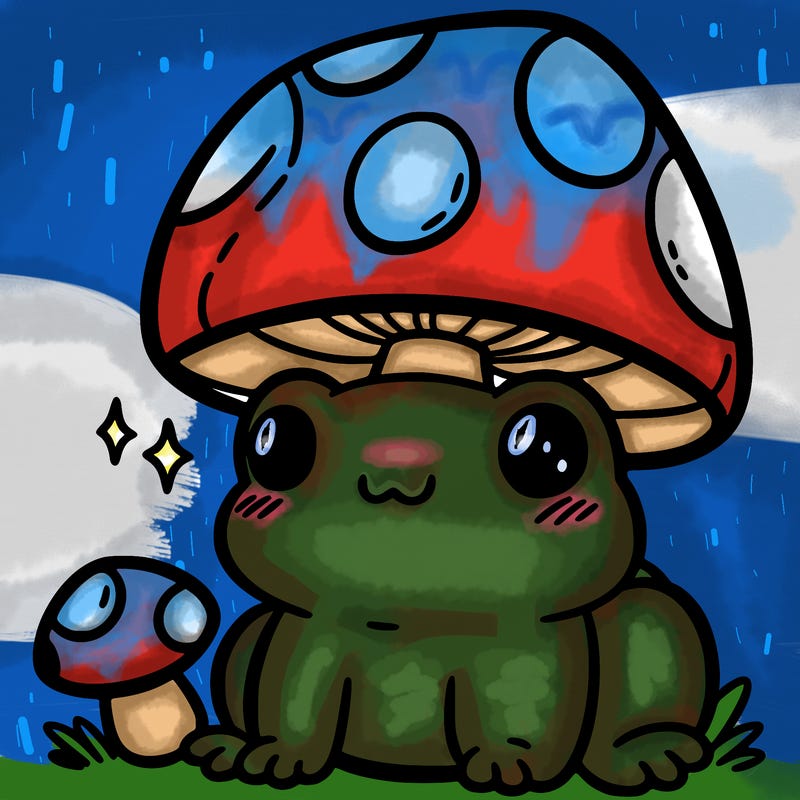 a cute frog with a mushroom hat