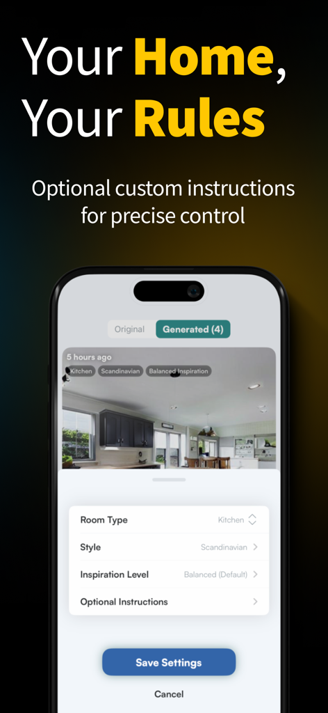 AI Room Design: Dream House - Interface of the AI Room Design app showing custom instruction settings for a Scandinavian style kitchen redesign