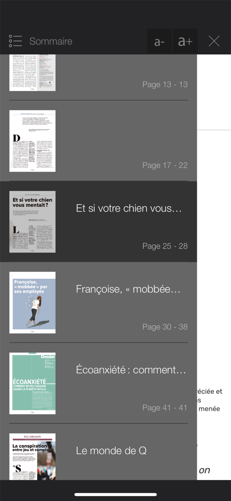 Cerveau & Psycho - The table of contents interface in the Cerveau and Psycho app showing a list of psychology and neuroscience articles with thumbnails and page ranges.