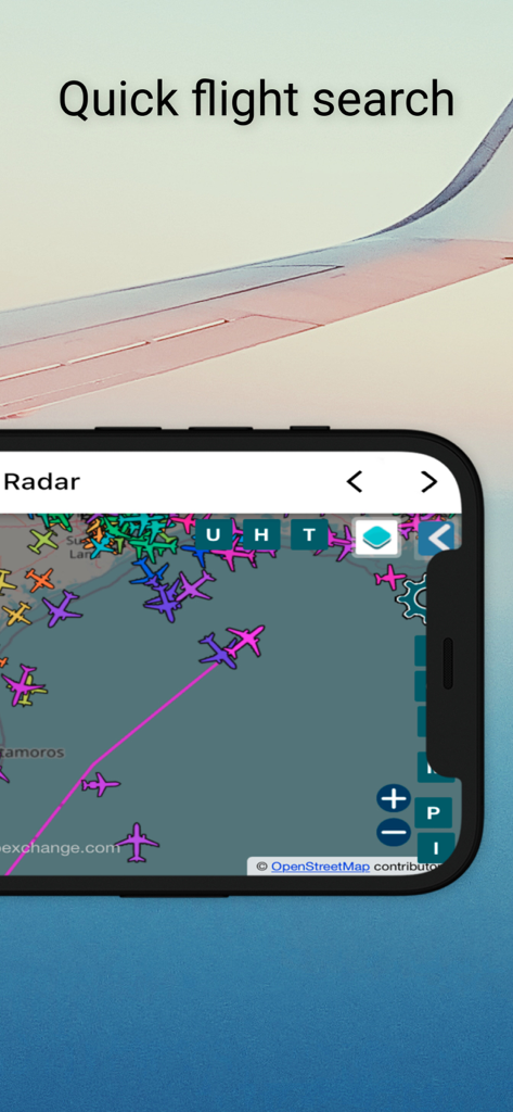 Flight Tracker — Flight Radar - Funzionalità di ricerca rapida dei voli su una mappa radar di volo live che mostra più aeromobili e rotte