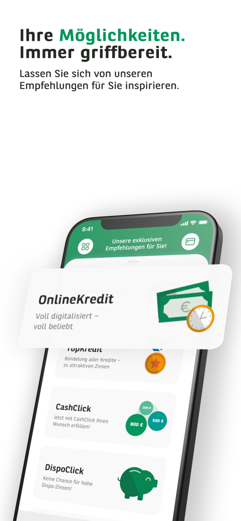 Interface da aplicação de banca móvel Consors Finanz mostrando opções de crédito online e cashclick