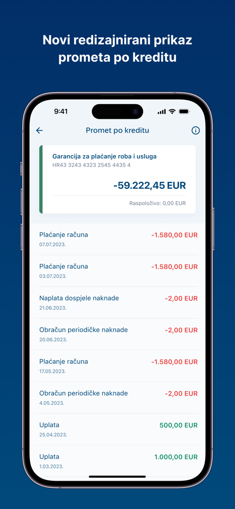 Mobile app screen showing loan transaction history with payments and fees in the Erste mBanking app