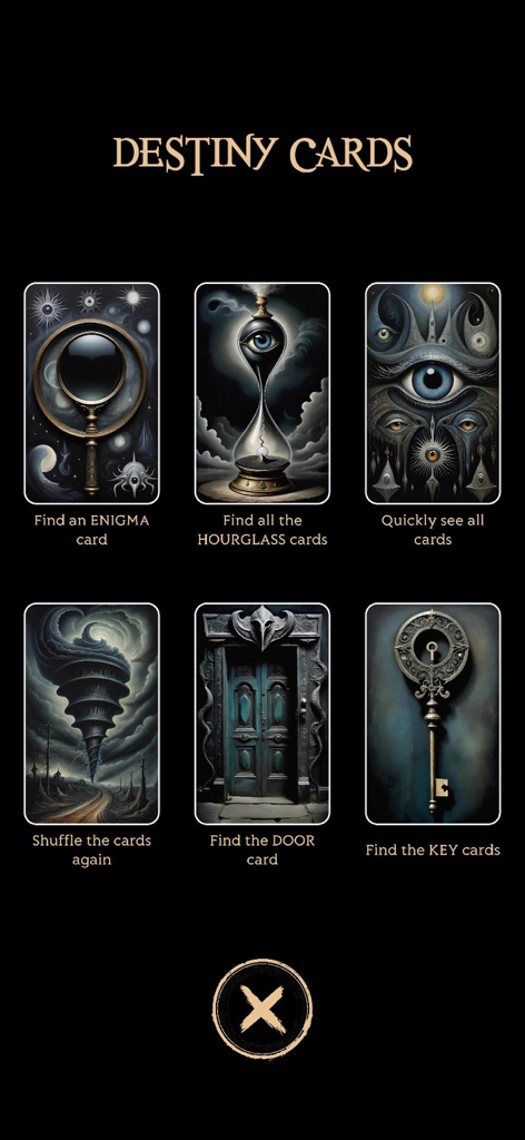 Un écran de menu montrant six Cartes du Destin uniques avec des illustrations mystiques et des capacités spéciales pour le jeu d'évasion en solitaire.