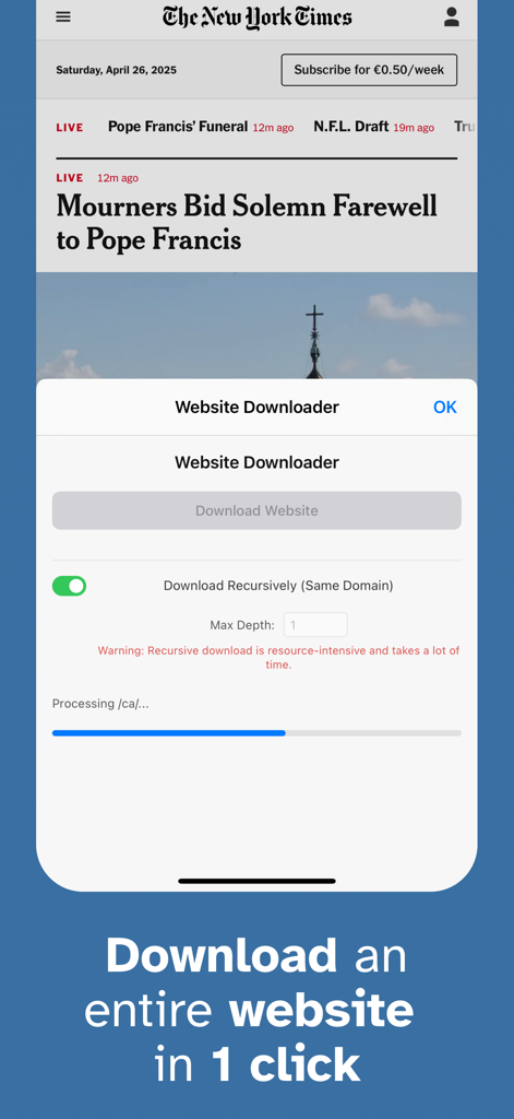 Interface da extensão Safari Website Downloader mostrando um botão de download de um clique e barra de progresso para capturar uma página da web completa.