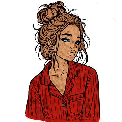 realistic woman with pajamas on and a messy bun