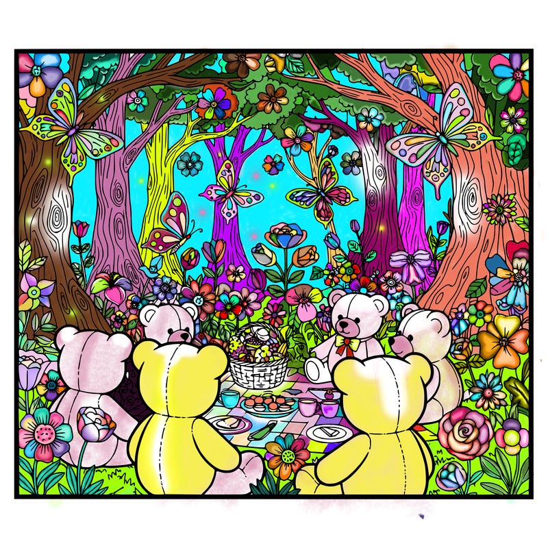 teddy bears picnic, mystical forest with lots of flowers and butterflies