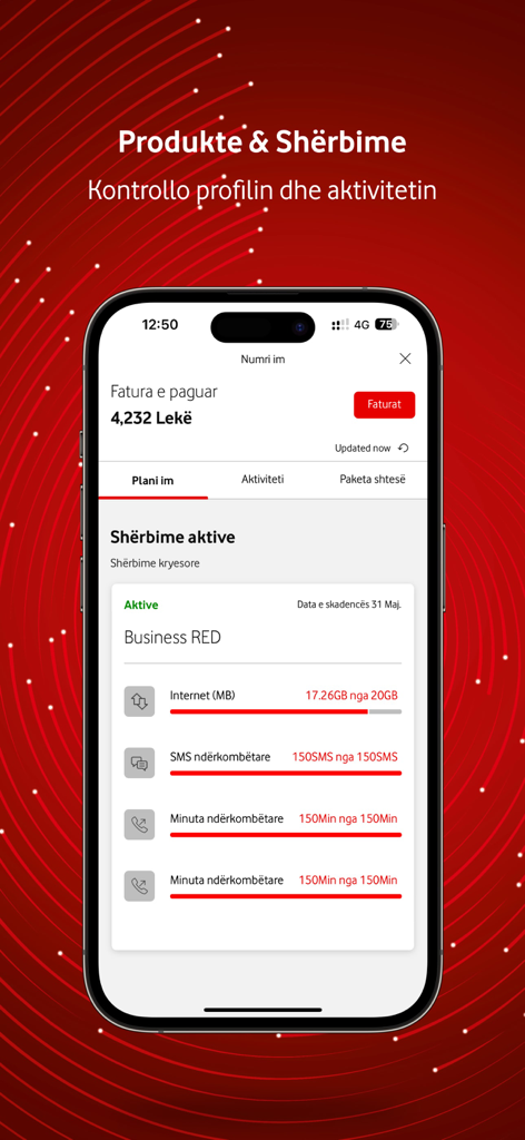 Tela do aplicativo My Vodafone Albânia exibindo detalhes do plano da conta, incluindo uso de dados e minutos internacionais