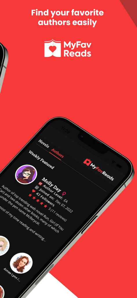 MyFavReads: Novels & Books - A smartphone screen displaying the MyFavReads author profile page for Molly Day with a featured authors list.