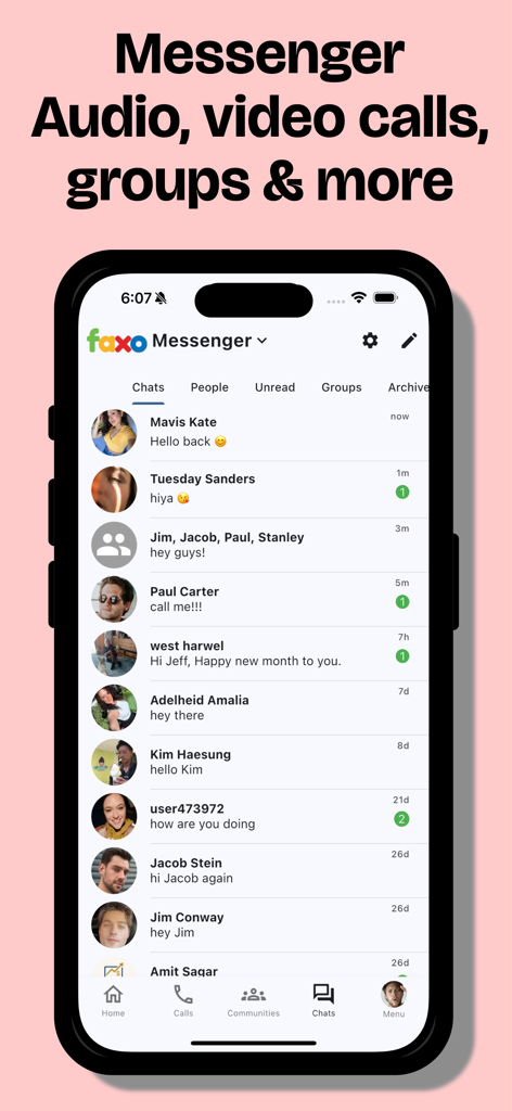 Faxo: Everything App - Screenshot of the Faxo app messenger showing a list of active chats with contact photos and message previews.