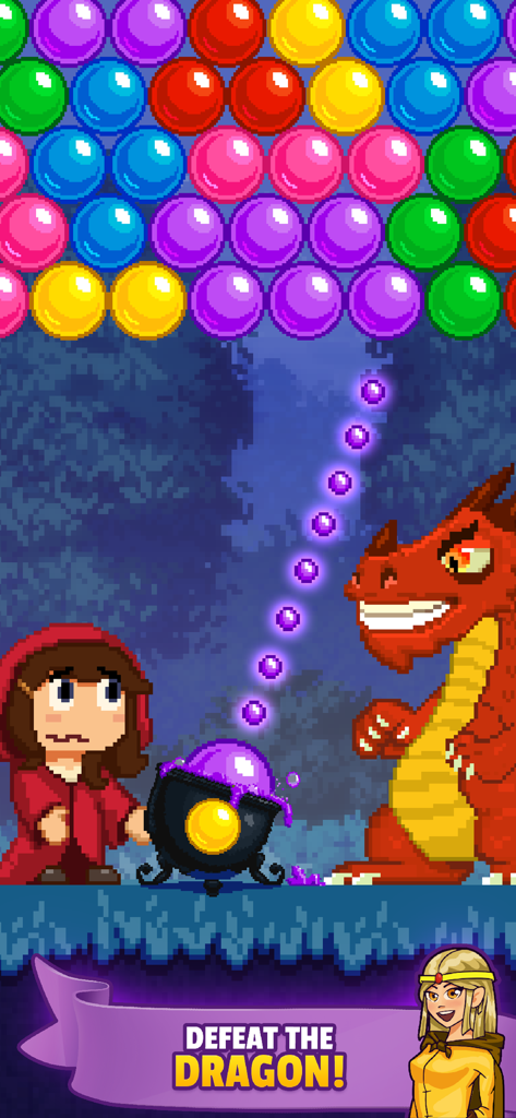 Witch Game - Bubble Pop Origin - Una escena de pixel art que muestra a un personaje de bruja enfrentándose a un dragón rojo en un nivel del juego de disparar burbujas