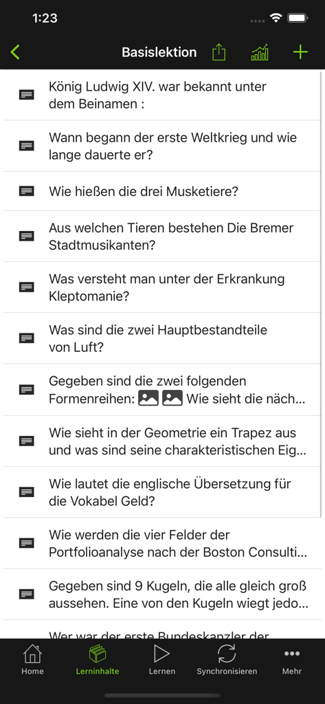 BRAINYOO Flash Cards Learning - Uma tela de aplicativo móvel mostrando uma lista de questões de estudo para vários assuntos acadêmicos