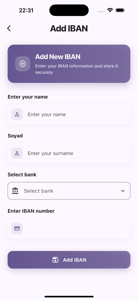 IBAN List - Captura de pantalla del formulario Añadir IBAN en la aplicación Lista IBAN que presenta campos para el nombre, la selección del banco y el número de cuenta.