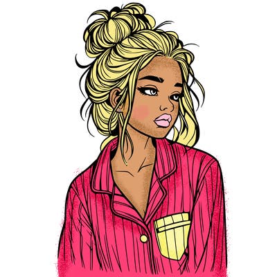 realistic woman with pajamas on and a messy bun