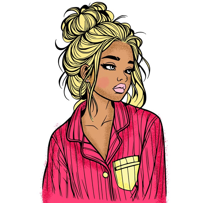 realistic woman with pajamas on and a messy bun