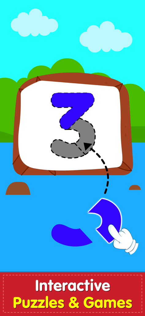 123 Number Math Games for Kids - Una pantalla de dibujos animados que muestra a un niño arrastrando una pieza azul para completar el número tres en un juego de rompecabezas interactivo.