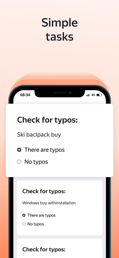 Toloka: Earn online - Toloka app interface showing a simple task to check for typos