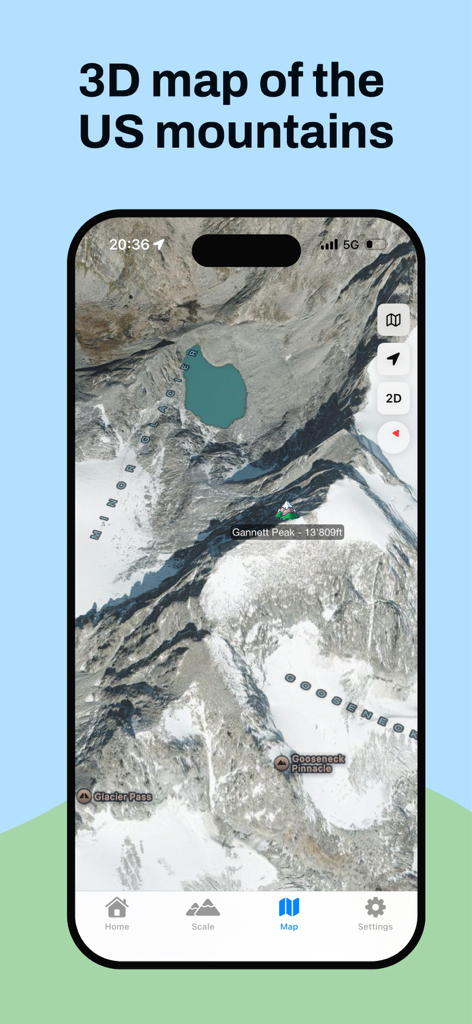 Altimeter Pro USA - Altimeter Pro USA app displaying a detailed 3D topographical map of US mountains featuring Gannett Peak