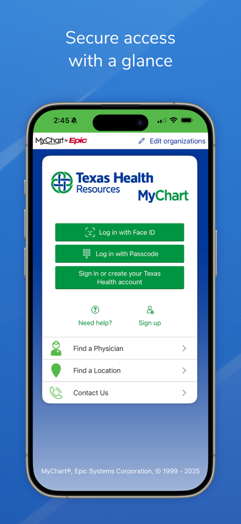 Texas Health MyChart app login screen featuring Face ID and passcode sign in options