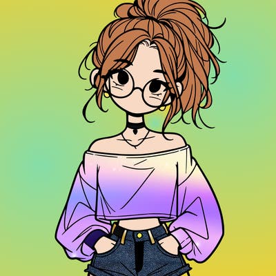 girl with a messy ponytail glasses a baggy crop top and jean shorts