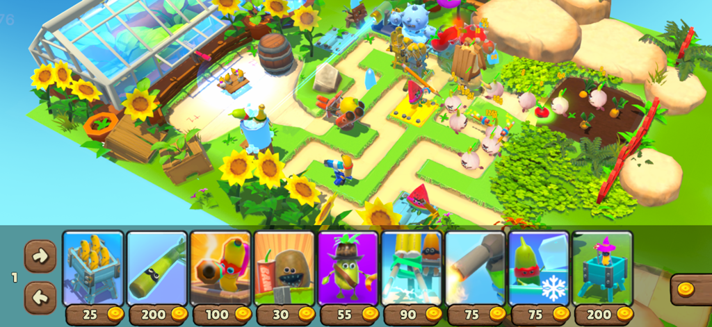 Fruits vs Vegetables - Gameplay of Fruits vs Vegetables tower defense game with fruit characters defending a garden path