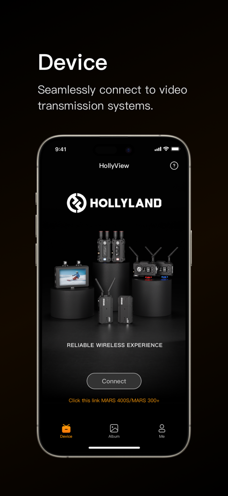 Hollyland 무선 비디오 송신기를 위한 기기 연결 화면을 보여주는 iPhone의 HollyView 앱 인터페이스