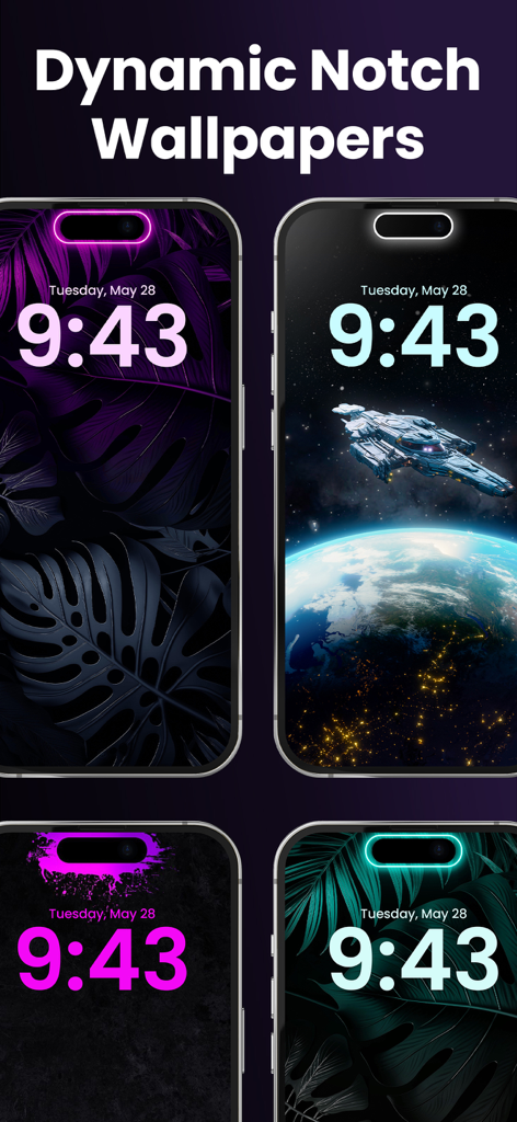 Wallpapers 26 & Dynamic Island - A collection of dynamic island wallpapers for iPhone showing neon glows and themed lock screens