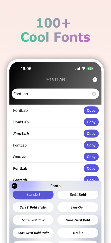 FontLab - Keyboard  for iPhone - Interface of FontLab app showing various font styles like Serif and Sans Serif for iPhone keyboard