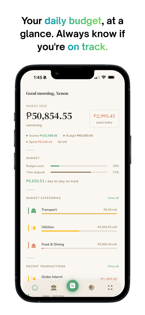 BudGIT AI - Offline Budget App - BudGIT AI mobile app interface showing a daily budget overview with category spending and remaining balance.